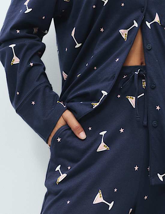 Cotton Modal Printed Revere Long Pyjama Set