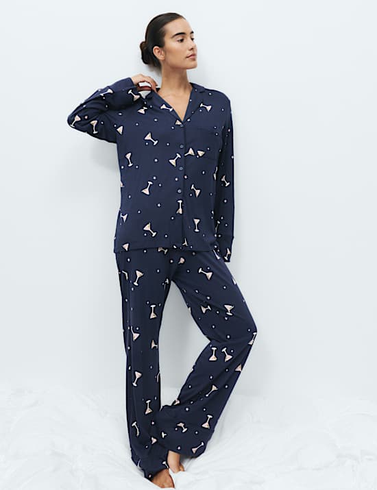 Cotton Modal Printed Revere Long Pyjama Set