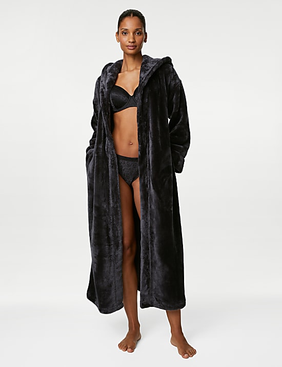Robe de chambre longue en polaire &agrave; capuche