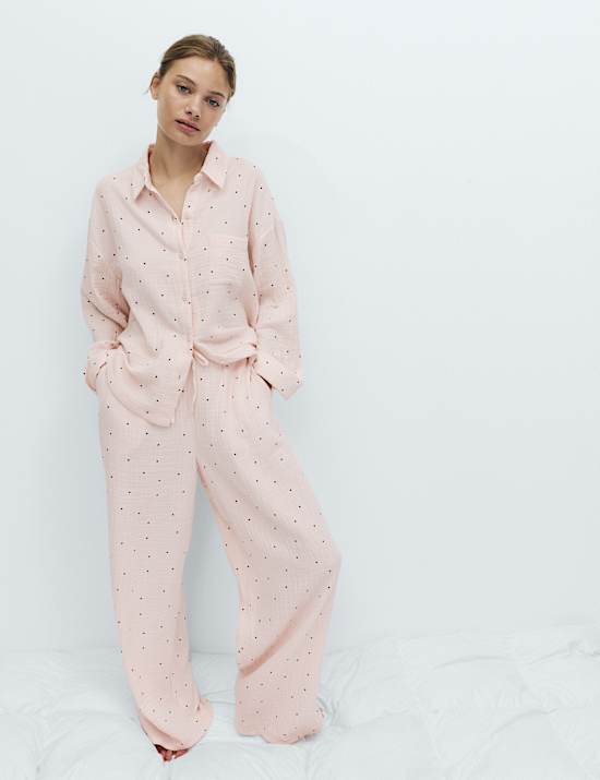 Pure Cotton Muslin Spot Print Long Pyjama Set