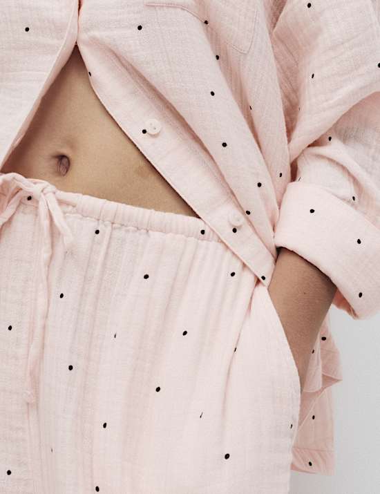 Pure Cotton Muslin Spot Print Long Pyjama Set