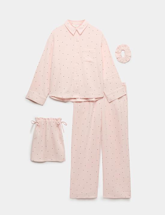 Pure Cotton Muslin Spot Print Long Pyjama Set