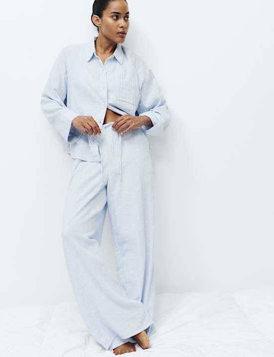 Pure Cotton Muslin Spot Print Long Pyjama Set