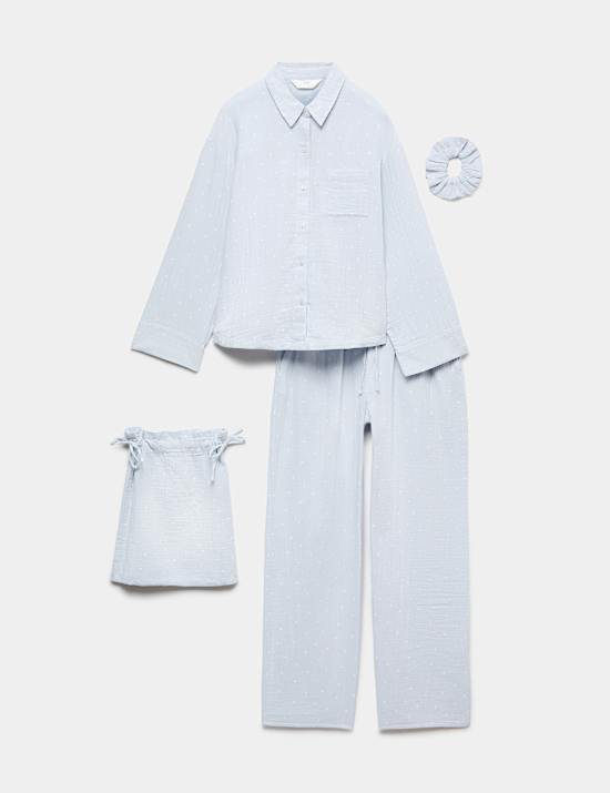 Pure Cotton Muslin Spot Print Long Pyjama Set