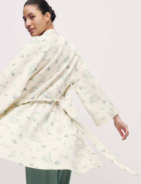 Cotton Rich Printed Waffle Dressing Gown