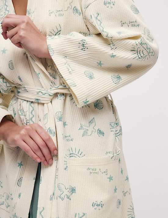 Cotton Rich Printed Waffle Dressing Gown