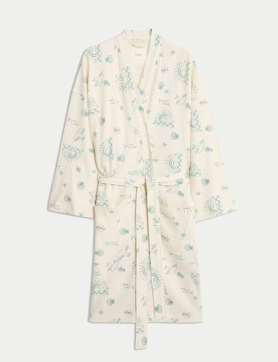 Cotton Rich Printed Waffle Dressing Gown