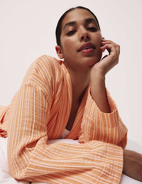 Pure Cotton Muslin Striped Dressing Gown