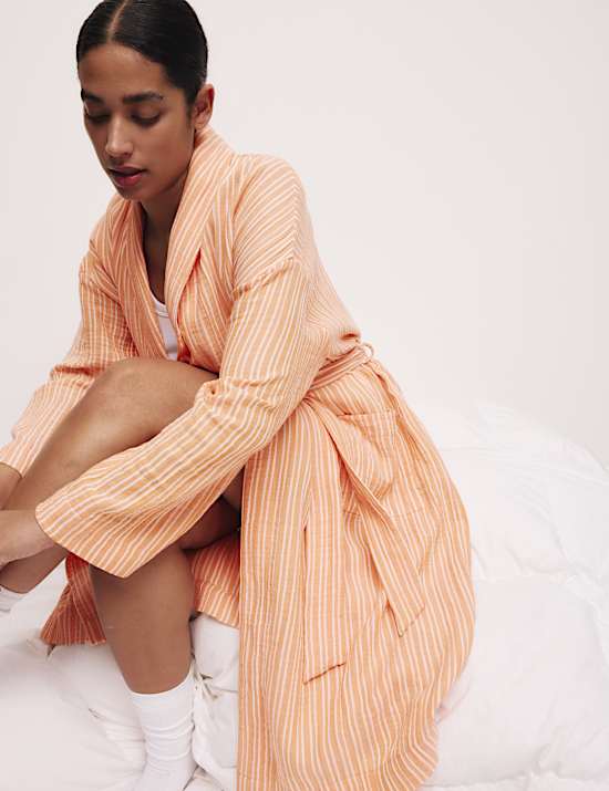 Pure Cotton Muslin Striped Dressing Gown