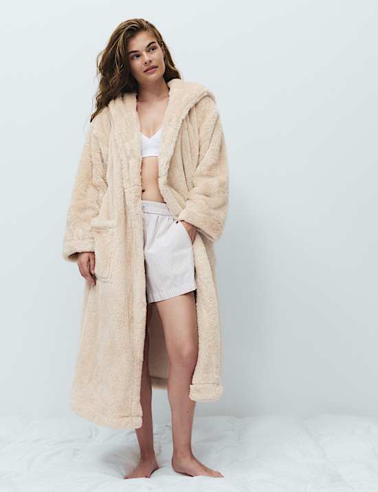 Long Pile Hooded Dressing Gown