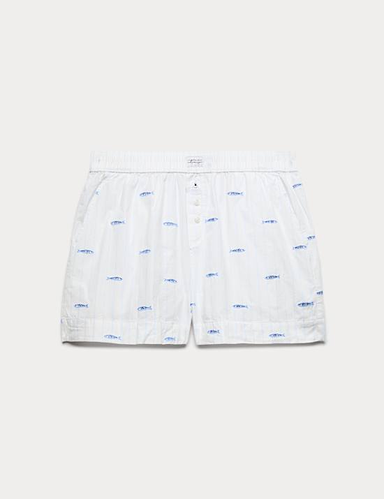 Korte pyjamabroek van popeline met geborduurd sardientjesmotief