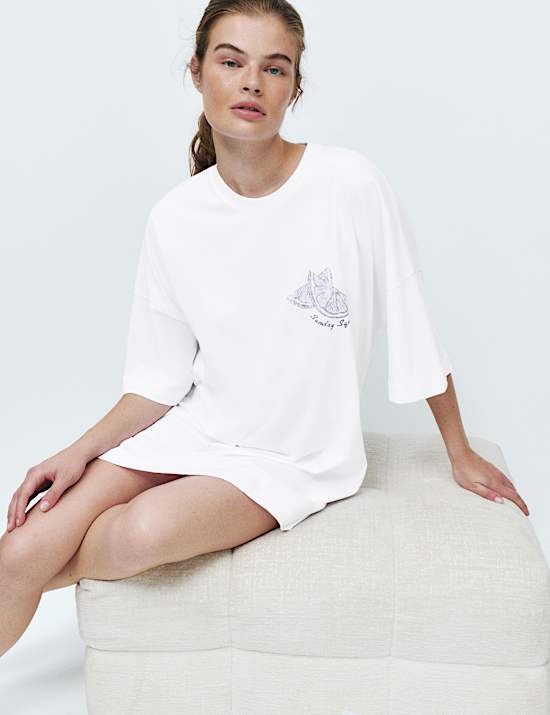 Chemise de nuit oversize en pur coton imprim&eacute;