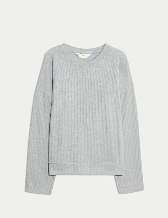 Haut de pyjama à manches longues, col rond et motif côtelé