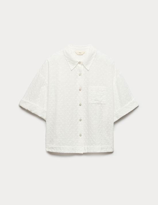 Pure Cotton Broderie Short Sleeve Pyjama Shirt