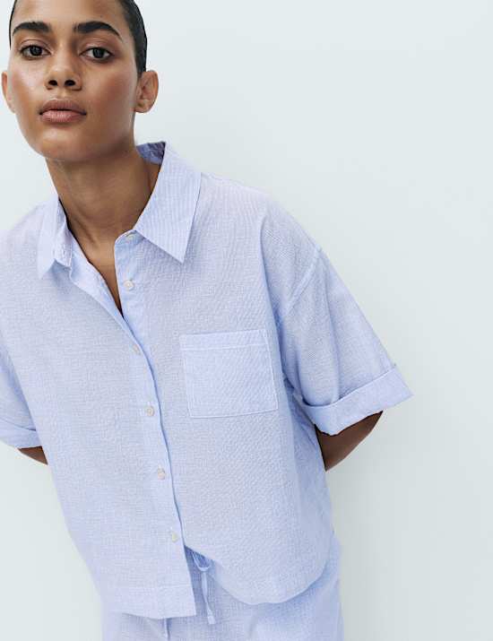 Pure Cotton Woven Stripe Collared Pyjama Top