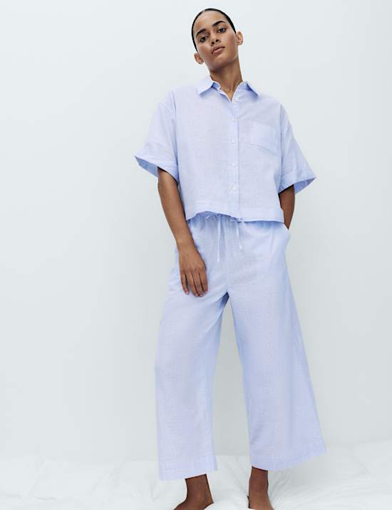 Pure Cotton Woven Stripe Collared Pyjama Top