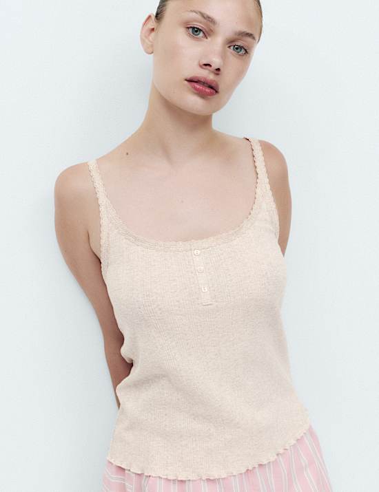 Cotton Blend Pointelle Lace Trim Cami Top