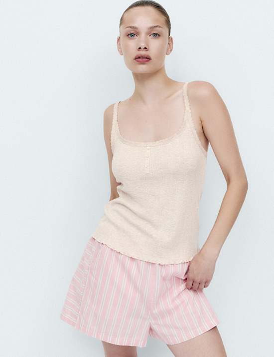 Cotton Blend Pointelle Lace Trim Cami Top