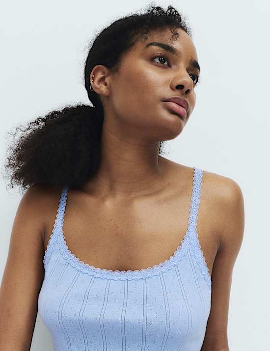 G&oacute;ra od piżamy pointelle na ramiączkach z koronką 100% bawełny