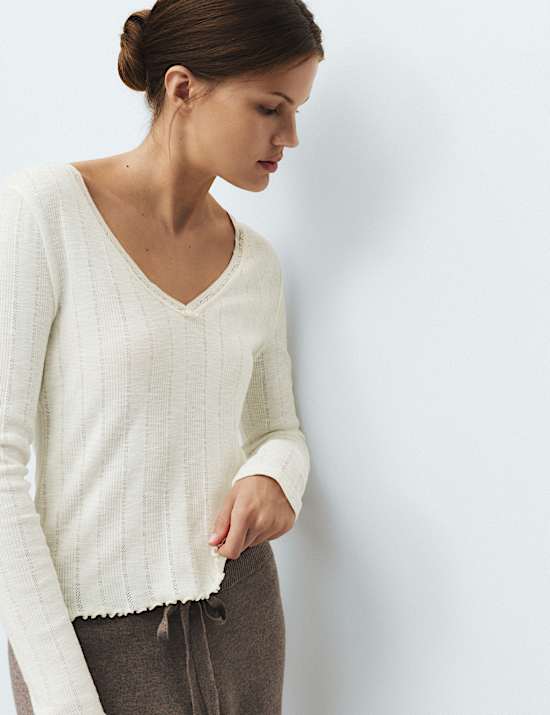 Pure Cotton Pointelle Lace Trim Pyjama Top