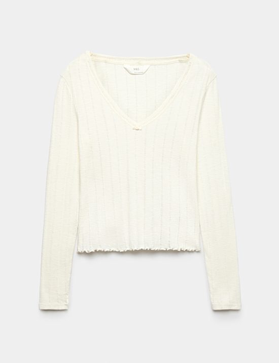 Pure Cotton Pointelle Lace Trim Pyjama Top