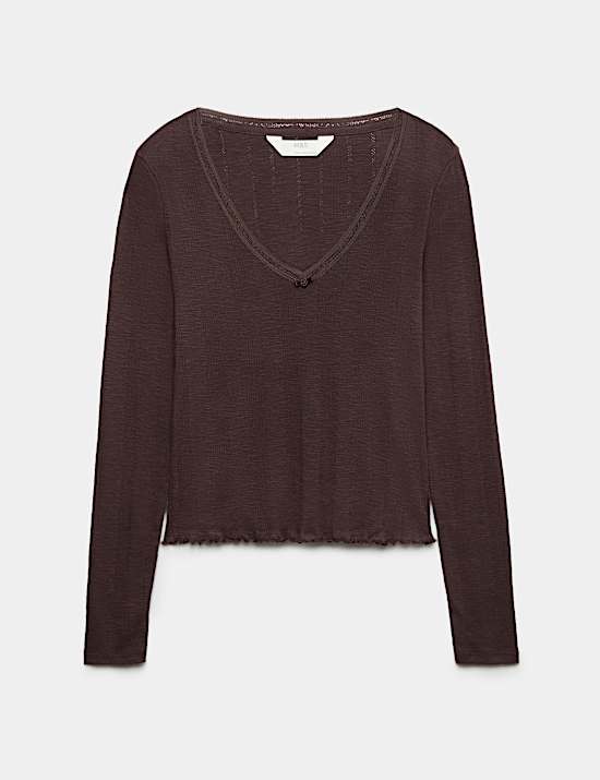 Pure Cotton Pointelle Lace Trim Pyjama Top