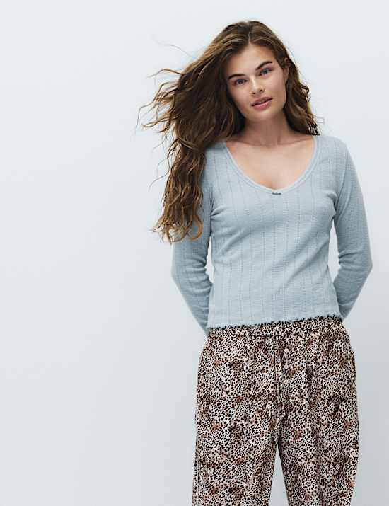 Pure Cotton Pointelle Lace Trim Pyjama Top