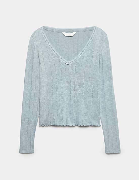Pure Cotton Pointelle Lace Trim Pyjama Top