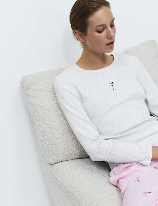 Parte de arriba de pijama de modal acanalado de algod&oacute;n con bordado