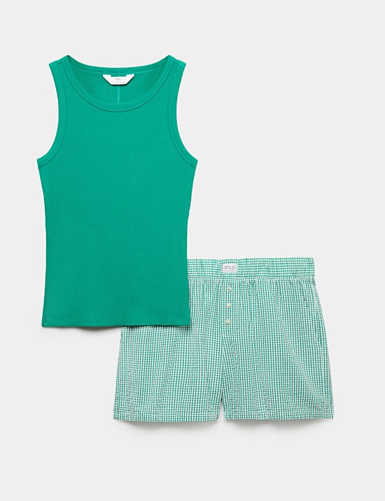 Ribbed Vest Top Gingham Shortie Set