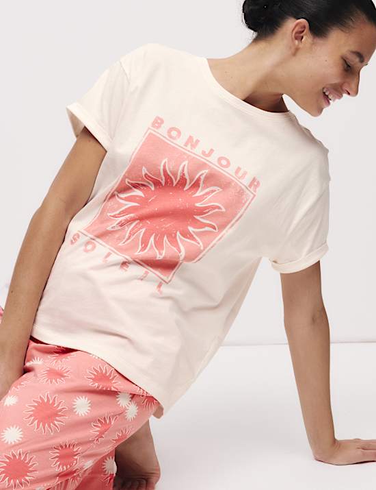 Schlafanzugset mit hohem Baumwollanteil und Blätterprint