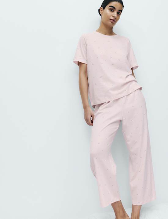 סט פיג'מה קרופ מכותנה טהורה עם הדפס