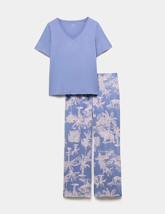 Pure Cotton Printed V Neck Pyjama Set