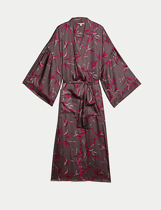 Robe de chambre en satin à manches larges et motif fleuri
