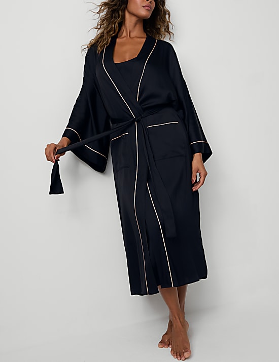 Satin Piped Trim Kimono Wrap