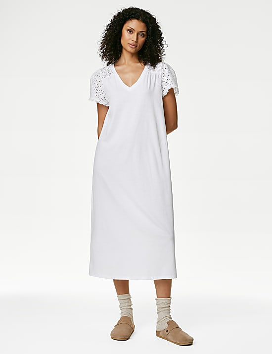 Pure Cotton Broderie Trim Long Nightdress WHITE Nightdresses M S GR