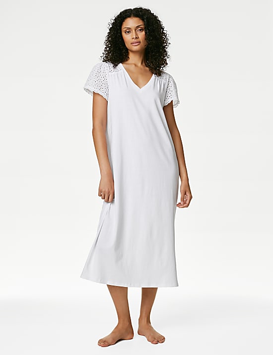 Pure Cotton Broderie Trim Long Nightdress