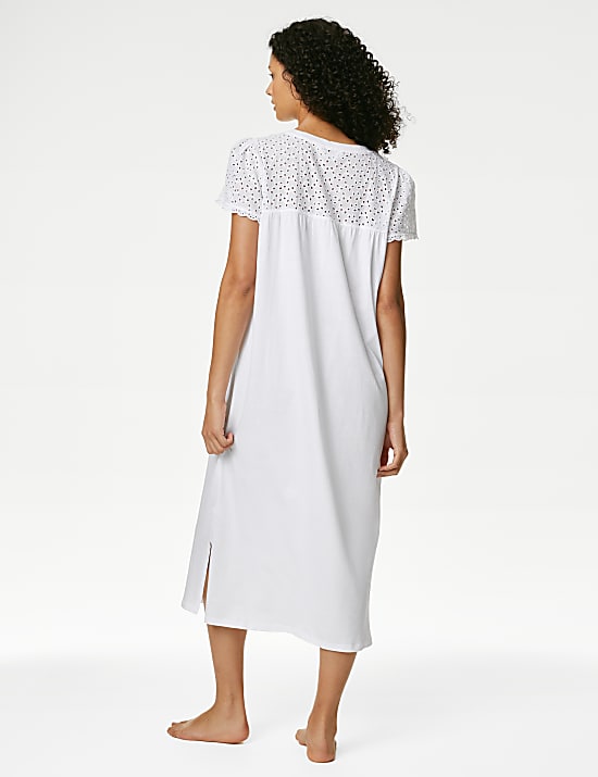 Pure Cotton Broderie Trim Long Nightdress