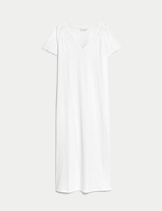 Pure Cotton Broderie Trim Long Nightdress