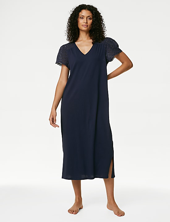 Pure Cotton Broderie Trim Long Nightdress