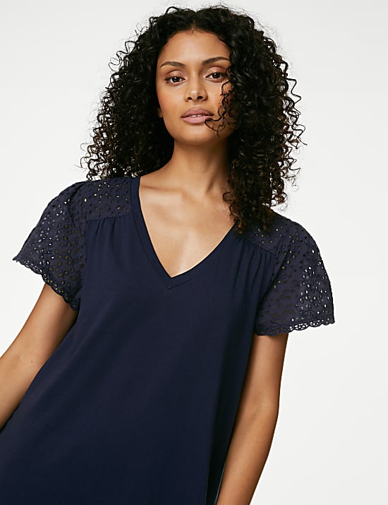 Pure Cotton Broderie Trim Long Nightdress