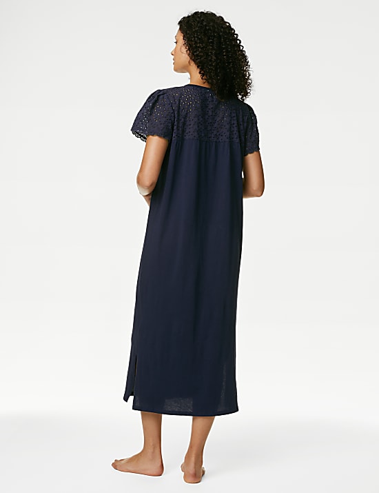Pure Cotton Broderie Trim Long Nightdress