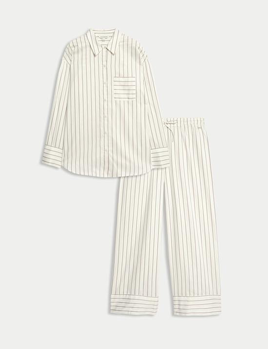 Pure Cotton Sateen Striped Revere Pyjama Set
