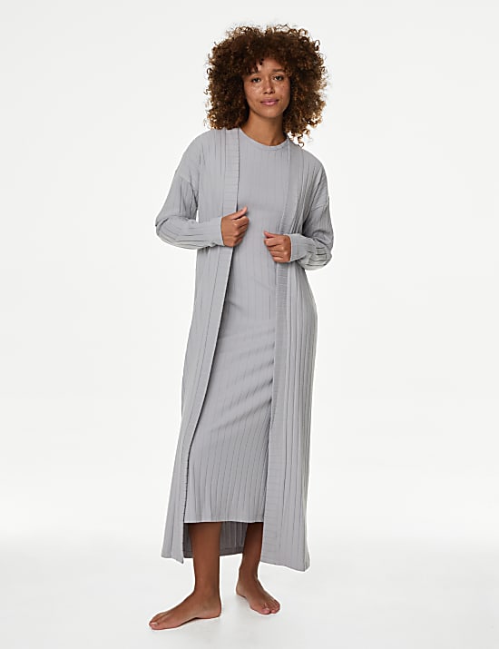 2pc Ribbed Nightdress & Cardigan Set
