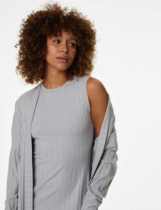 2pc Ribbed Nightdress & Cardigan Set