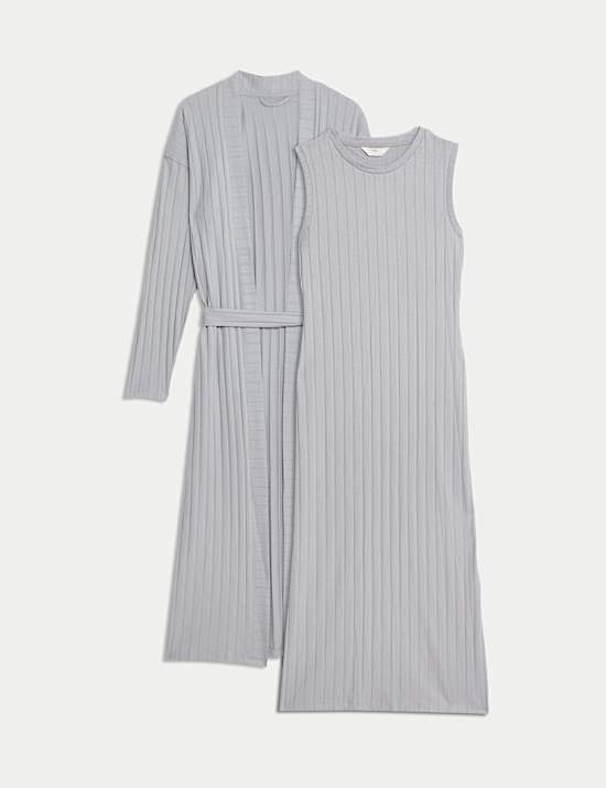 2pc Ribbed Nightdress & Cardigan Set