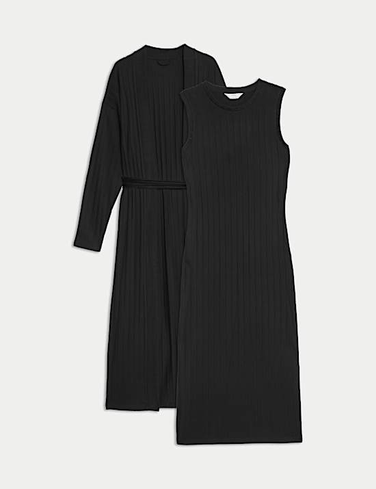 Conjunto de 2 piezas de c&aacute;rdigan y camis&oacute;n acanalado