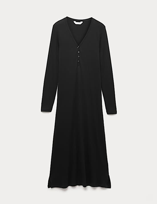Ribbed Henley Long Sleeve Long Nightdress