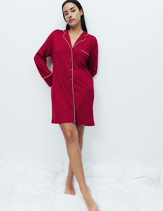 Chemise de nuit en coton et modal à revers