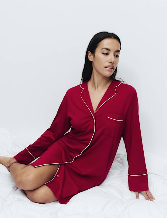Chemise de nuit en coton et modal à revers